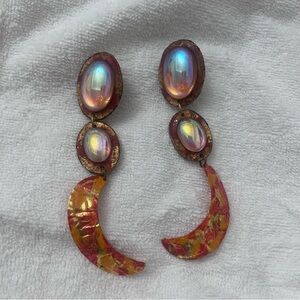 Iridescent Dangle Earrings with Gold and Red Accents